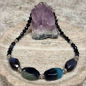 Chunky Banded Agate Statement Necklace With Silver Accents